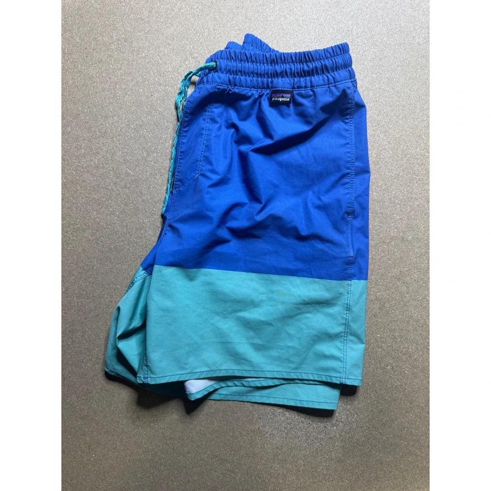 Patagonia Mens Swim Trunks Board Shorts‎ Blue Green Colorblock Elastic Waist M